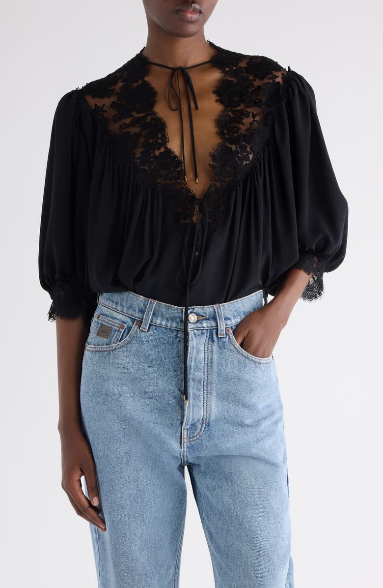 Chloé Lace Trim Silk Top, Main, color, Black