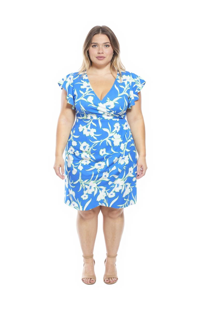 24seven Comfort Apparel Curvy Essential Floral Flutter Sleeve Faux Wrap Knee Length Dress, Main, color, Blue Multi