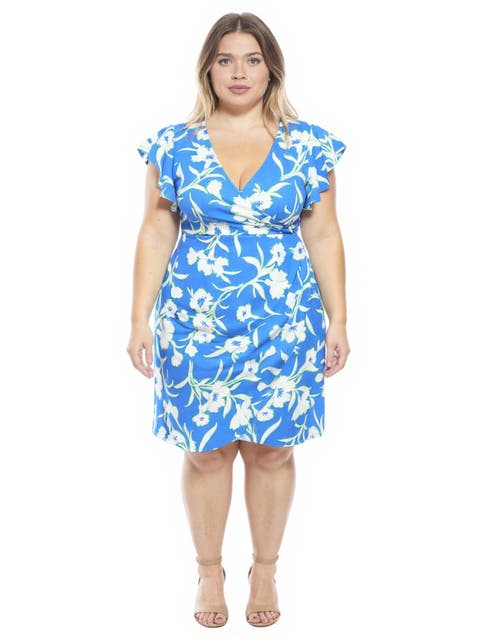 Curvy Essential Floral Flutter Sleeve Faux Wrap Knee Length Dress