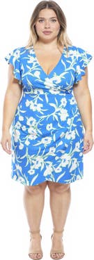 24seven Comfort Apparel Curvy Essential Floral Flutter Sleeve Faux Wrap Knee Length Dress