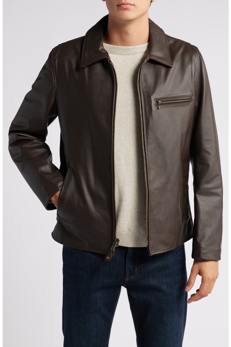 Waxy Cowhide Leather Moto Jacket, Main, color, BROWN