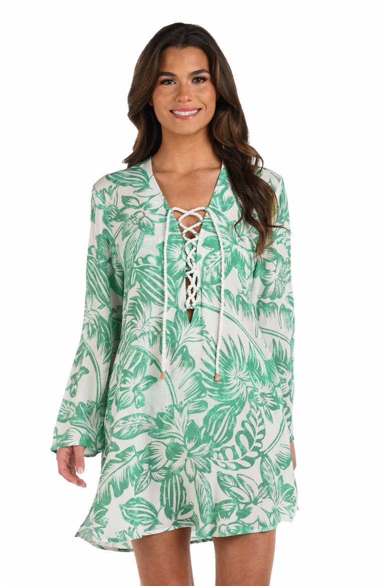 Batiki V-Neck Cover-Up Tunic, Alternate, color, EUCALYPTUS