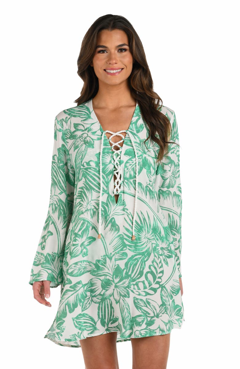 La Blanca Batiki V-Neck Cover-Up Tunic, Alternate, color, Eucalyptus