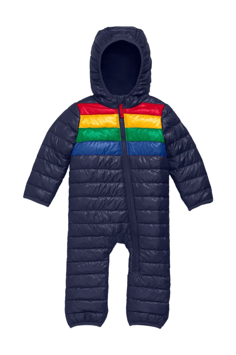 Baby Lightweight Puffer Suit In Stripe, Main, color, Navy Bold Rainbow