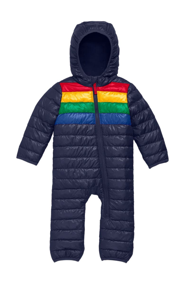Primary Baby Lightweight Puffer Suit In Rainbow Stripe, Main, color, Navy Bold Rainbow