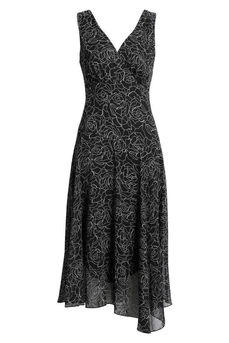 Floral Asymmetric Hem Chiffon Midi Dress, Alternate, color, BLACK