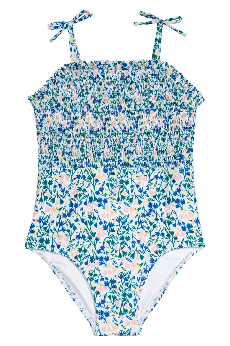 Smocked One-Piece Swimsuit, Main, color, WHITE PLAYFUL SPRIGS