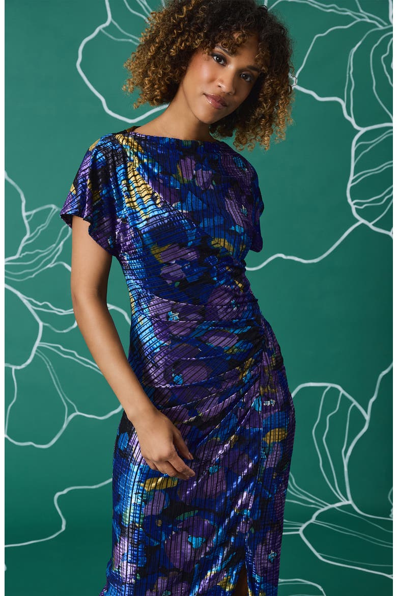Floral Print Ruched Sheath Dress, Alternate, color, BLACK/ SAPPHIRE