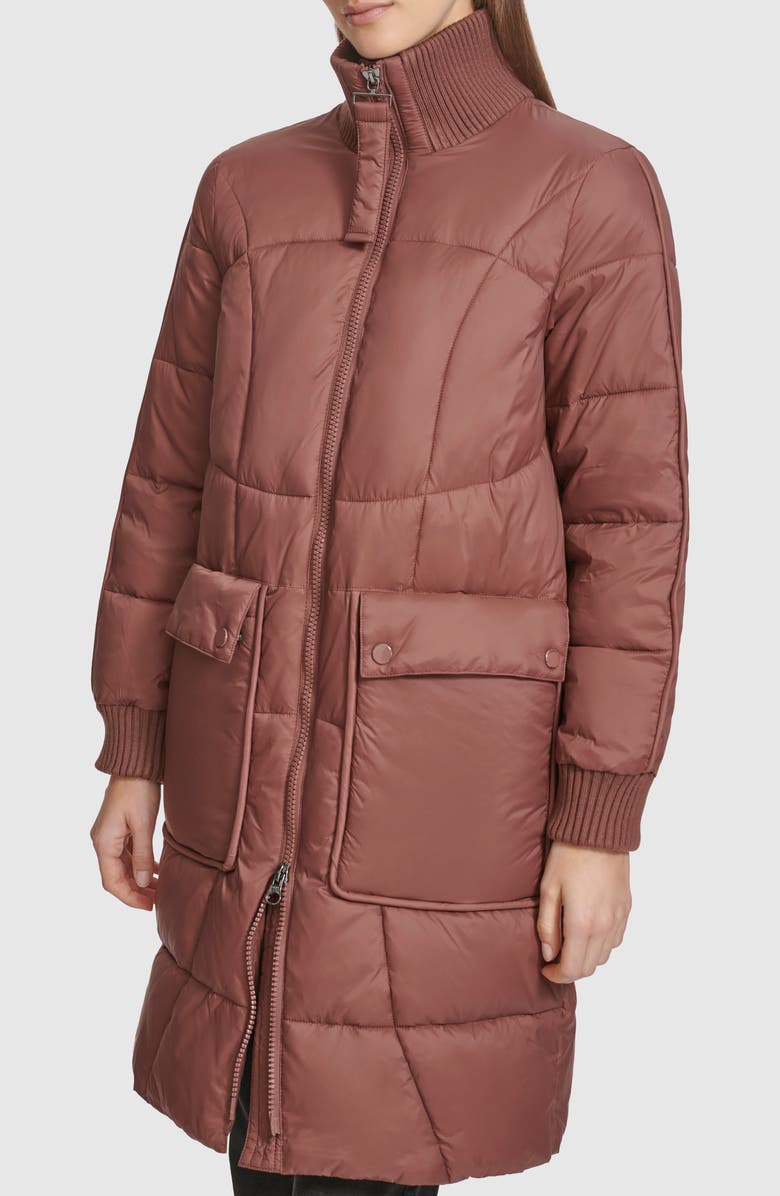 Andrew Marc Ribbed Collar Long Puffer Jacket, Alternate, color, Fig