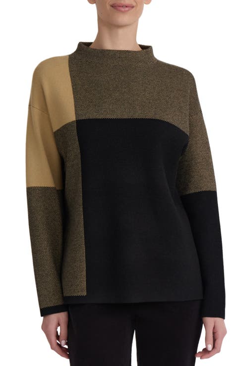 Jacquard Colorblock Mock Neck Sweater