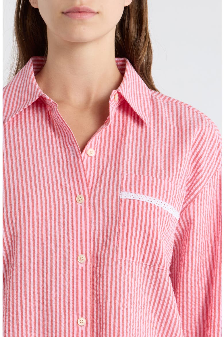 Eyelet Trim Seersucker Cotton Pajama Top, Alternate, color, CORAL- PINK HICKORY STRIPE