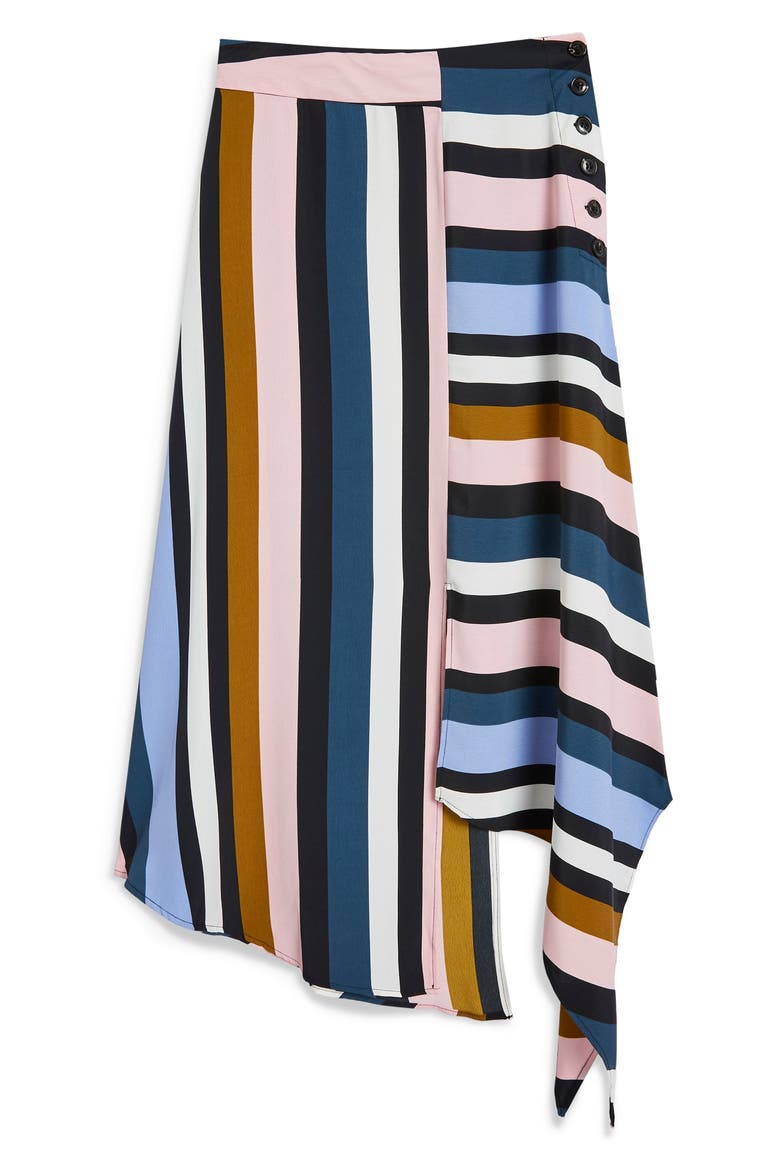 Multi Stripe Asymmetric Midi Skirt, Alternate, color, BLACK MULTI