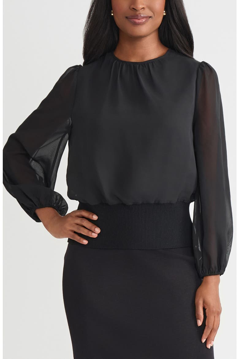 Sheer Chiffon Sleeve Mixed Media Top, Main, color, BLACK