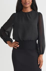 Misook Sheer Chiffon Sleeve Mixed Media Top