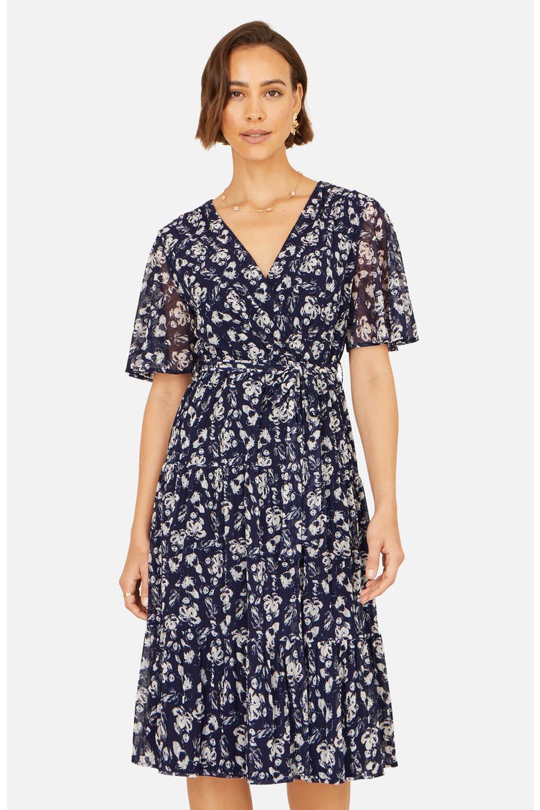 Floral Mesh Wrap Dress, Main, color, Navy