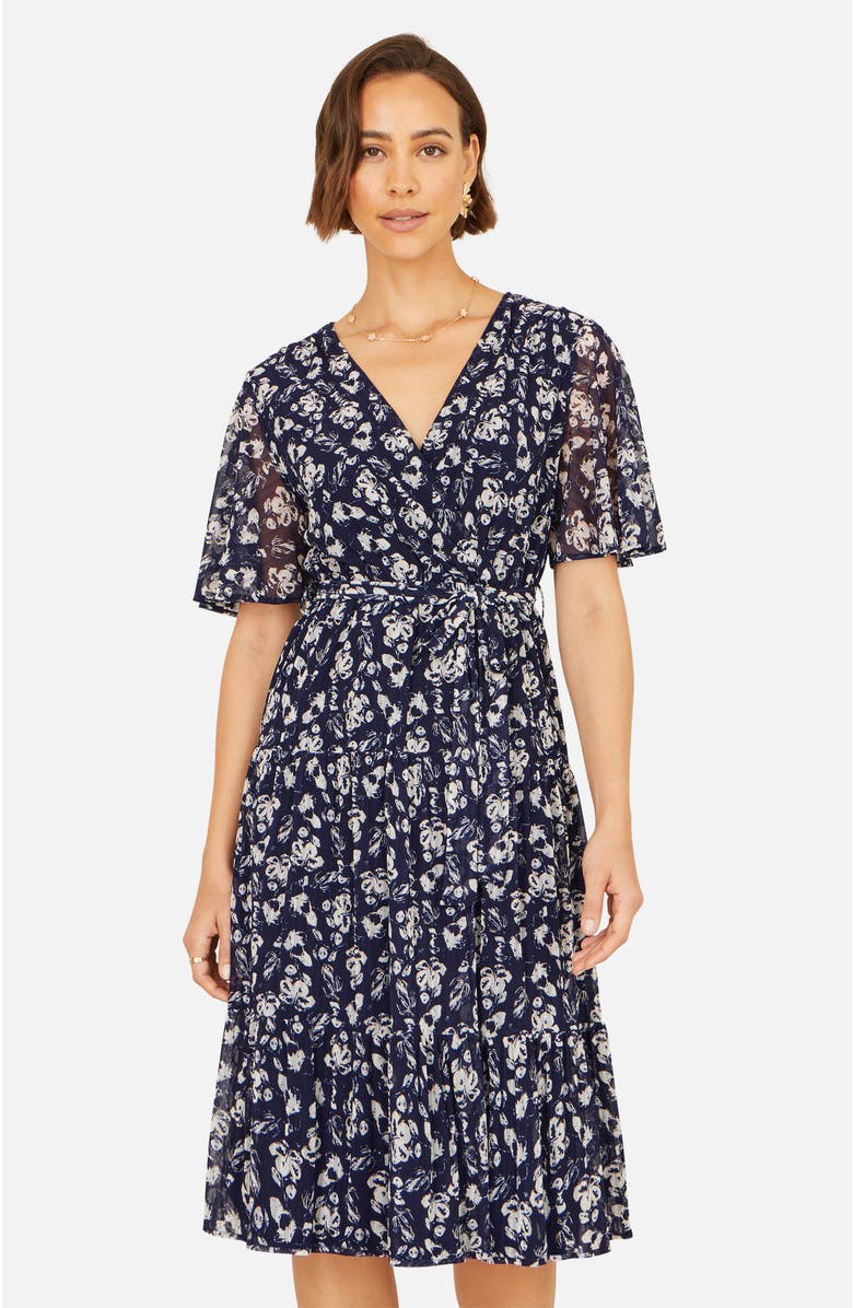 Yumi Floral Mesh Wrap Dress, Main, color, Navy