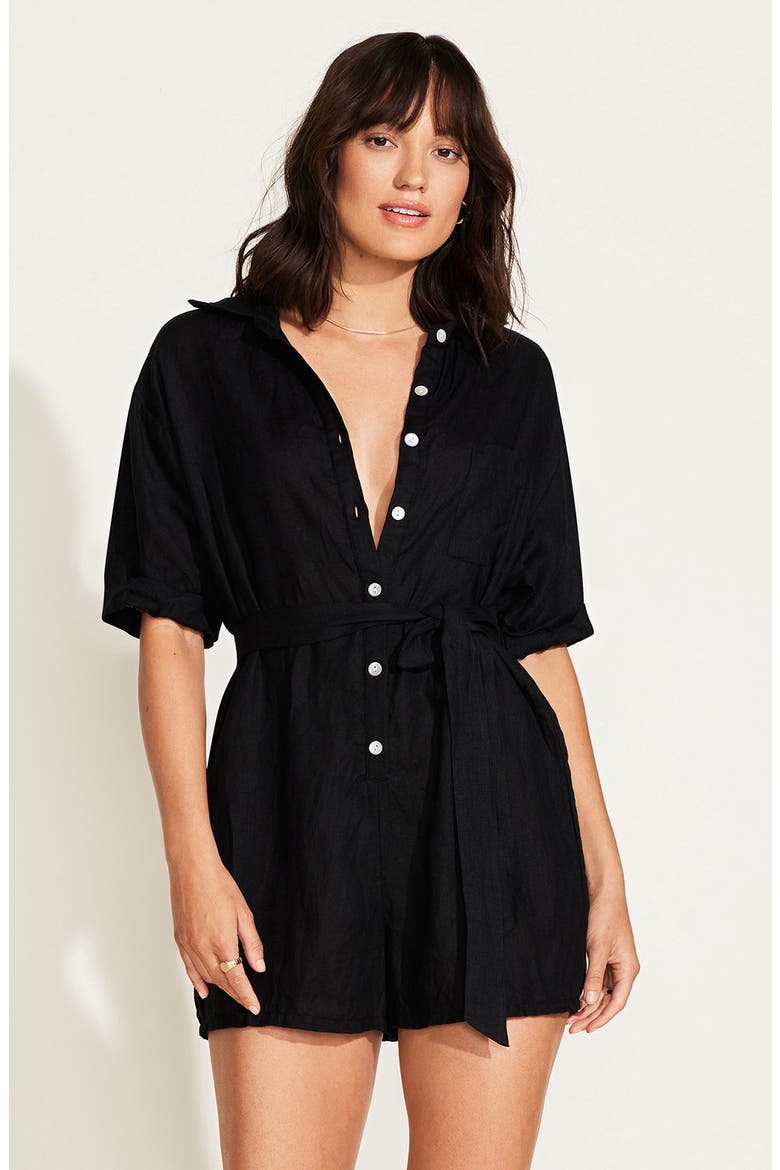 Playa Linen Cover-Up Romper, Alternate, color, BLACK