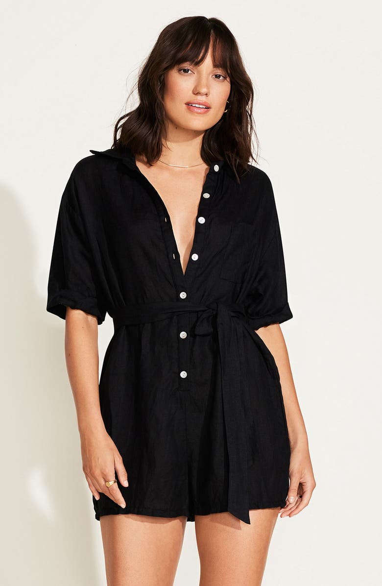 Vitamin A<sup>®</sup> Playa Linen Cover-Up Romper, Alternate, color, Black