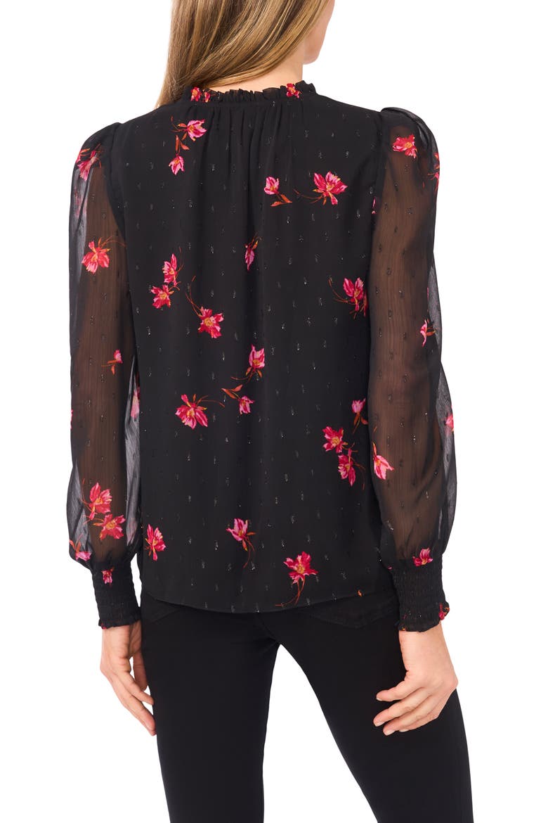 Floral Metallic Split Neck Top, Alternate, color, RICH BLACK
