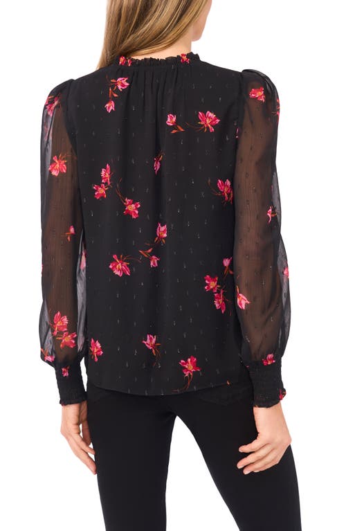 Cece Floral Metallic Split Neck Top In Black
