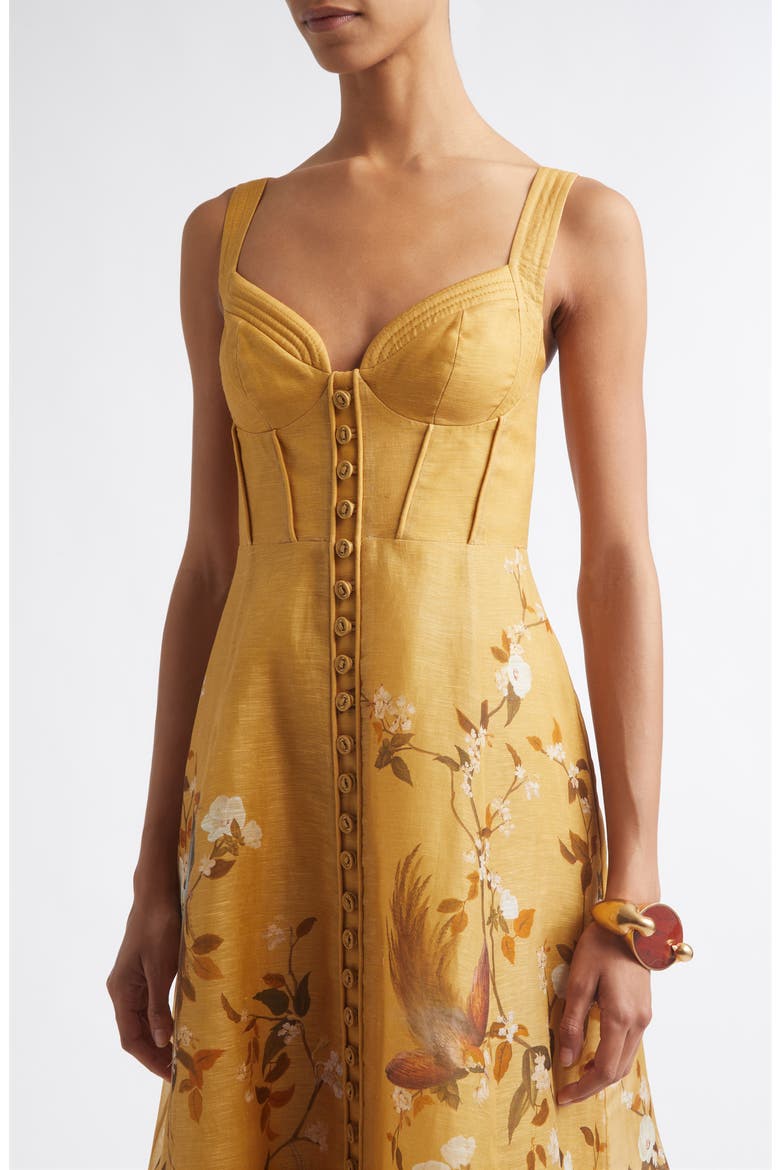 Momentum Floral Corded Linen & Silk Organza Midi Dress, Alternate, color, GOLD BIRD FLORAL
