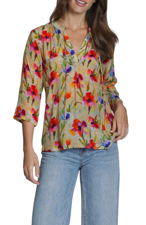 Print Tassel Split Neck Chiffon Top