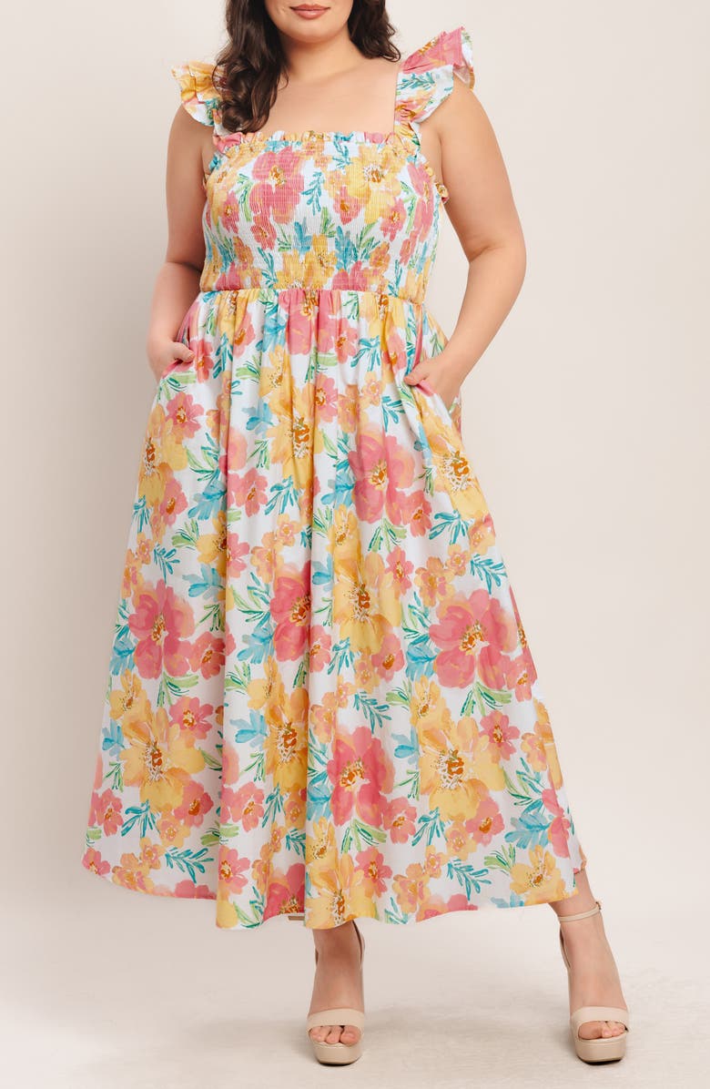 FLYING TOMATO Floral Ruffle Strap Cotton Fit & Flare Maxi Dress, Alternate, color, Multi Floral