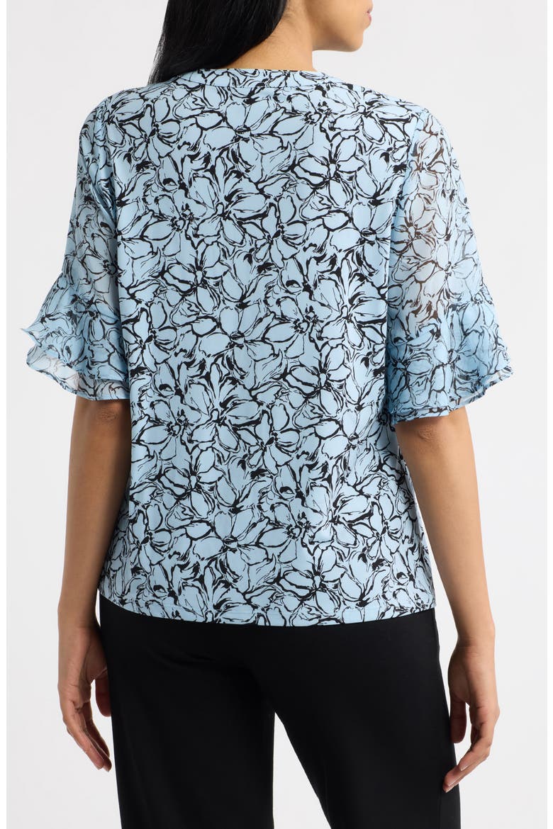 Ruffled Cuff Elbow Sleeve Split Neck Top, Alternate, color, OPAL BLUE/ ANNE BLACK