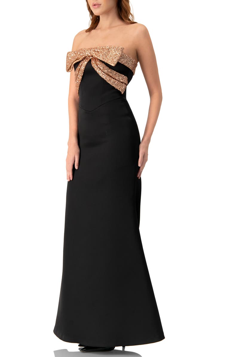 IVONNE Long Strapless Dress with Sequin Bow, Alternate, color, Black