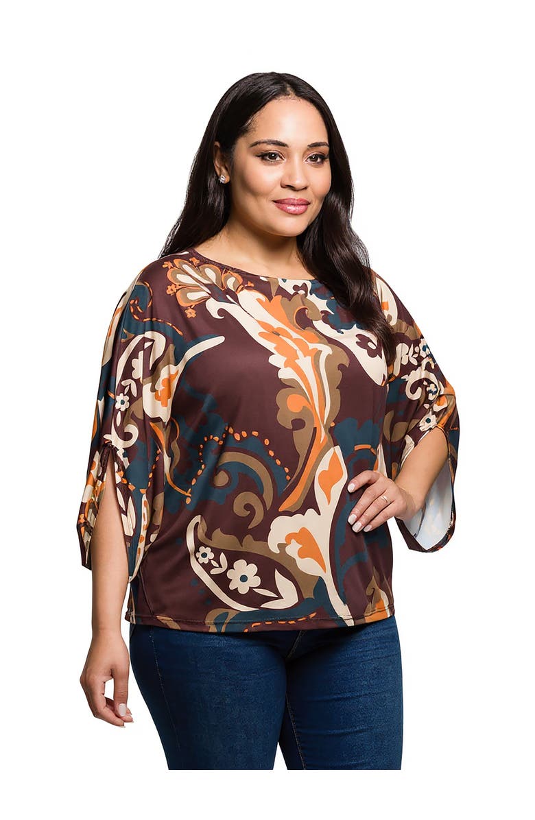 24seven Comfort Apparel Curvy Essential Paisley Print Dolman Sleeve Top, Alternate, color, Brown Multi