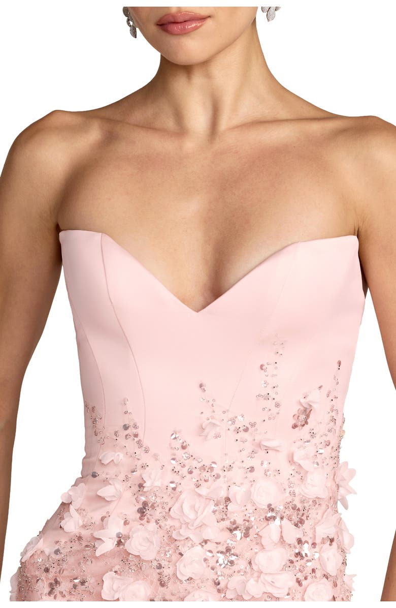 Mac Duggal Floral Satin Strapless Sweetheart Gown With Slit, Alternate, color, Blush