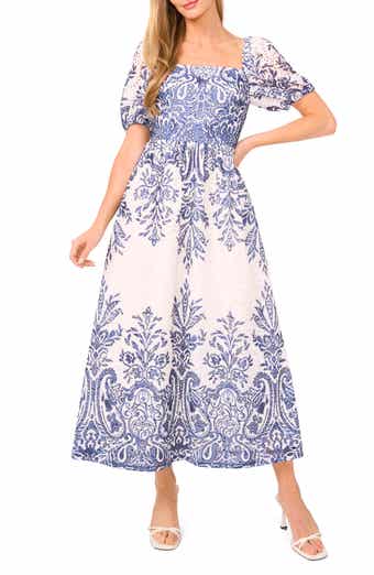 Print Eyelet Puff Sleeve Midi Dress