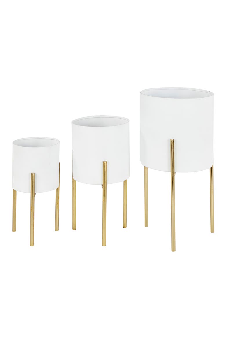 White Metal Indoor & Outdoor Planter with Removable Goldtone Stand - Set of 3, Main, color, WHITE