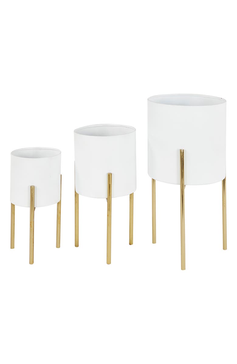 WILLOW ROW White Metal Indoor & Outdoor Planter with Removable Goldtone Stand - Set of 3, Main, color, 
