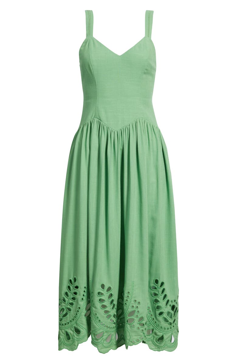 MOON RIVER Eyelet Drop Waist Cotton & Linen Sundress, Alternate, color, Green