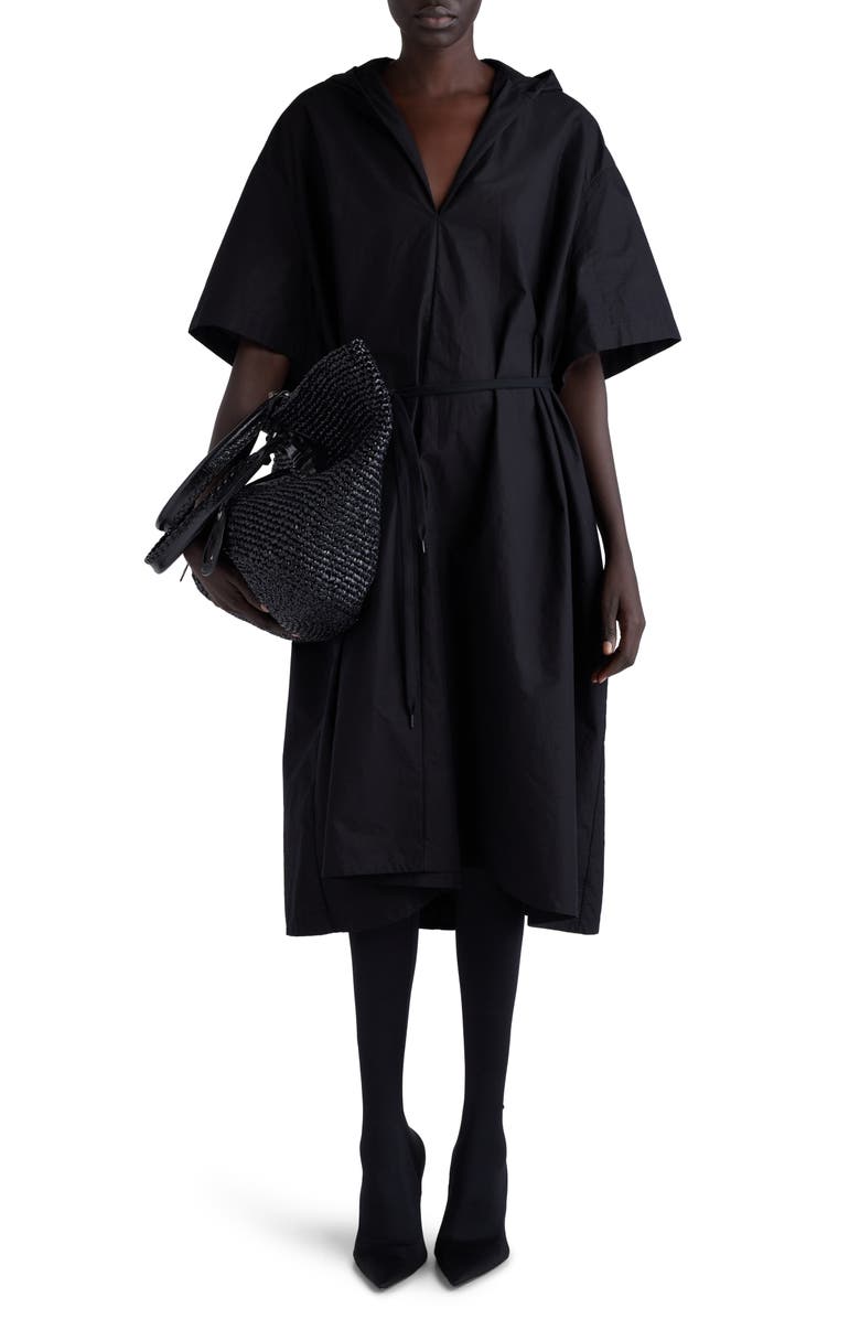 Balenciaga Hooded Cotton Poplin Midi Dress, Main, color, Black