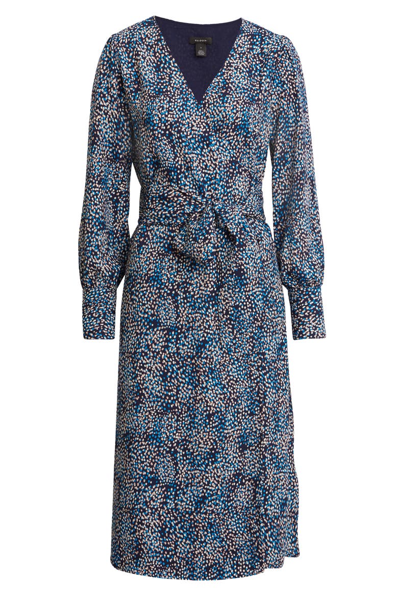 Long Sleeve Wrap Midi Dress, Main, color, NAVY- BLUE DOT