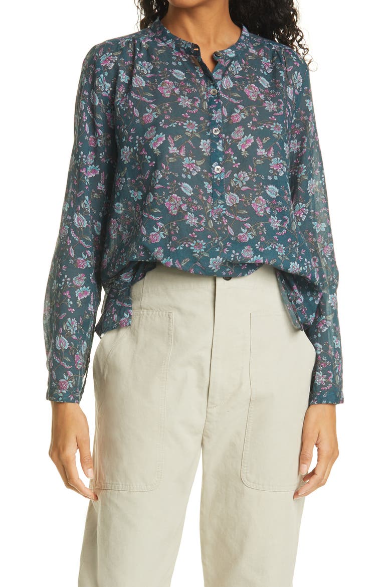Maria Floral Print Cotton Shirt, Main, color, DARK GREEN