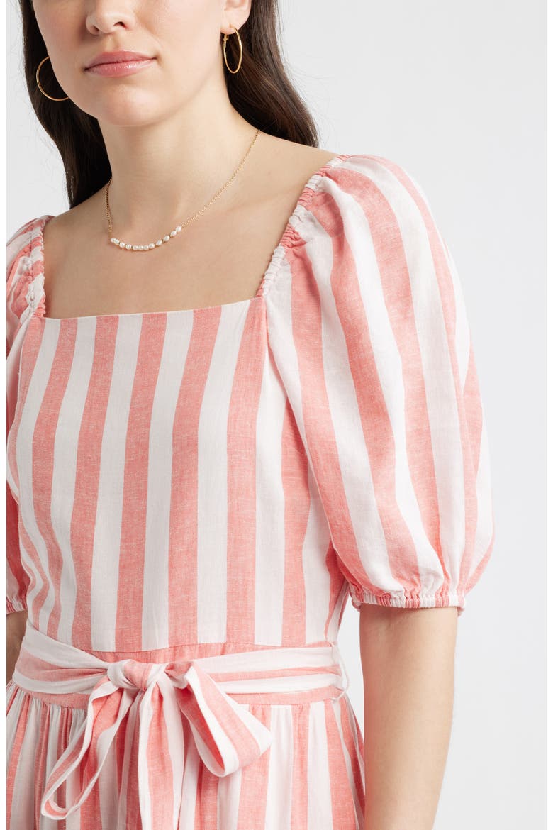 Stripe Puff Sleeve Tiered Midi Dress, Alternate, color, PINK- CORAL CABANA STRIPE