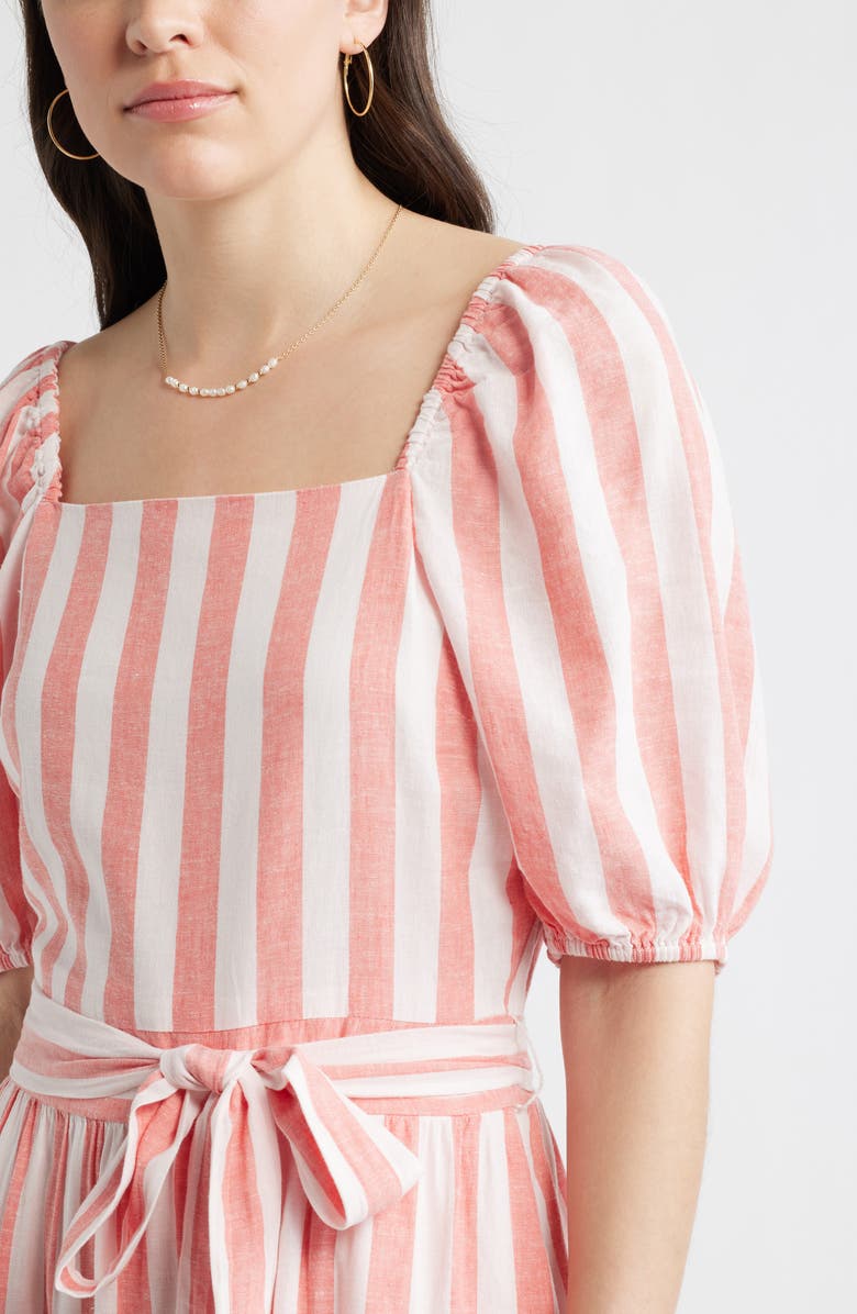 Caslon<sup>®</sup> Stripe Puff Sleeve Tiered Midi Dress, Alternate, color, Pink- Coral Cabana Stripe