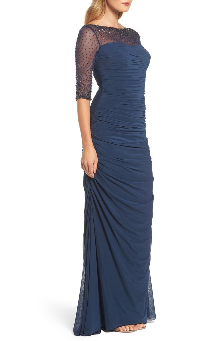 La Femme Embellished Mesh Ruched Jersey Gown, Alternate, color,