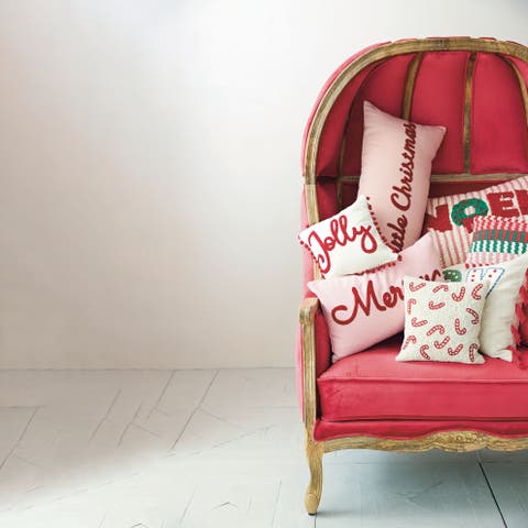 Jolly Embroidered Cotton Slub Pillow with Pom Pom Trim