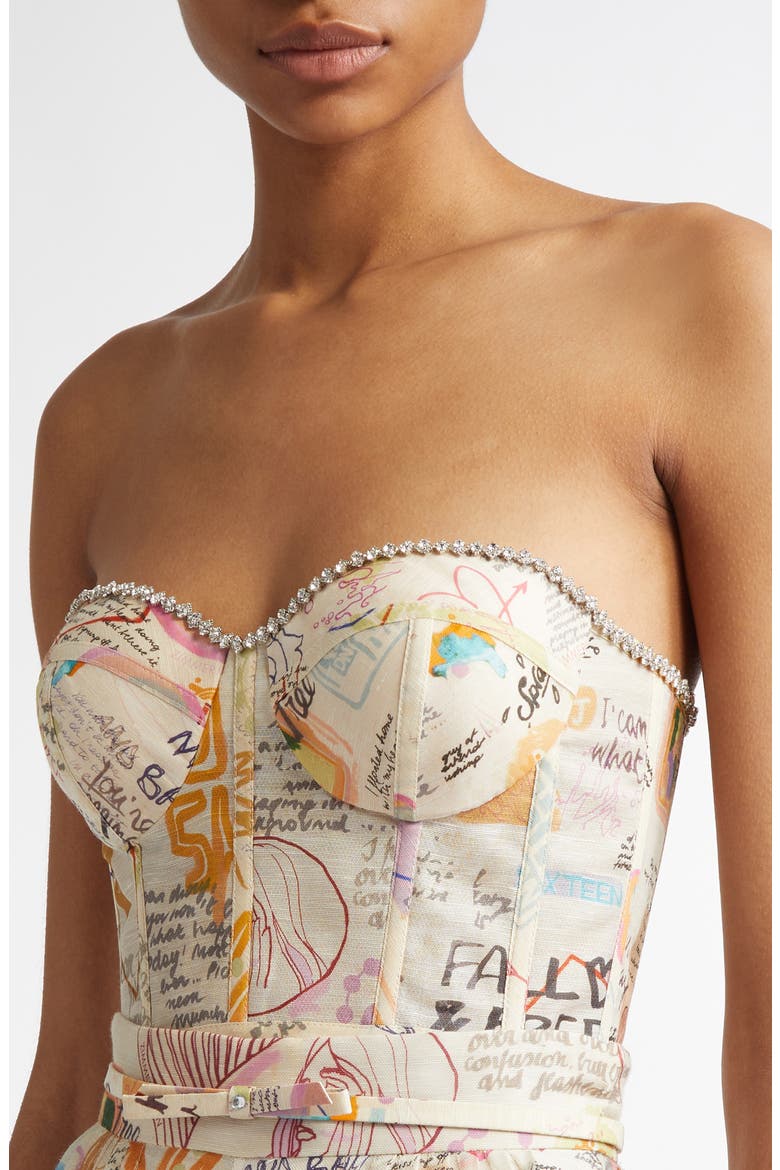 Dear Diary Print Paneled Linen & Silk Bustier Top, Alternate, color, DEAR DIARY