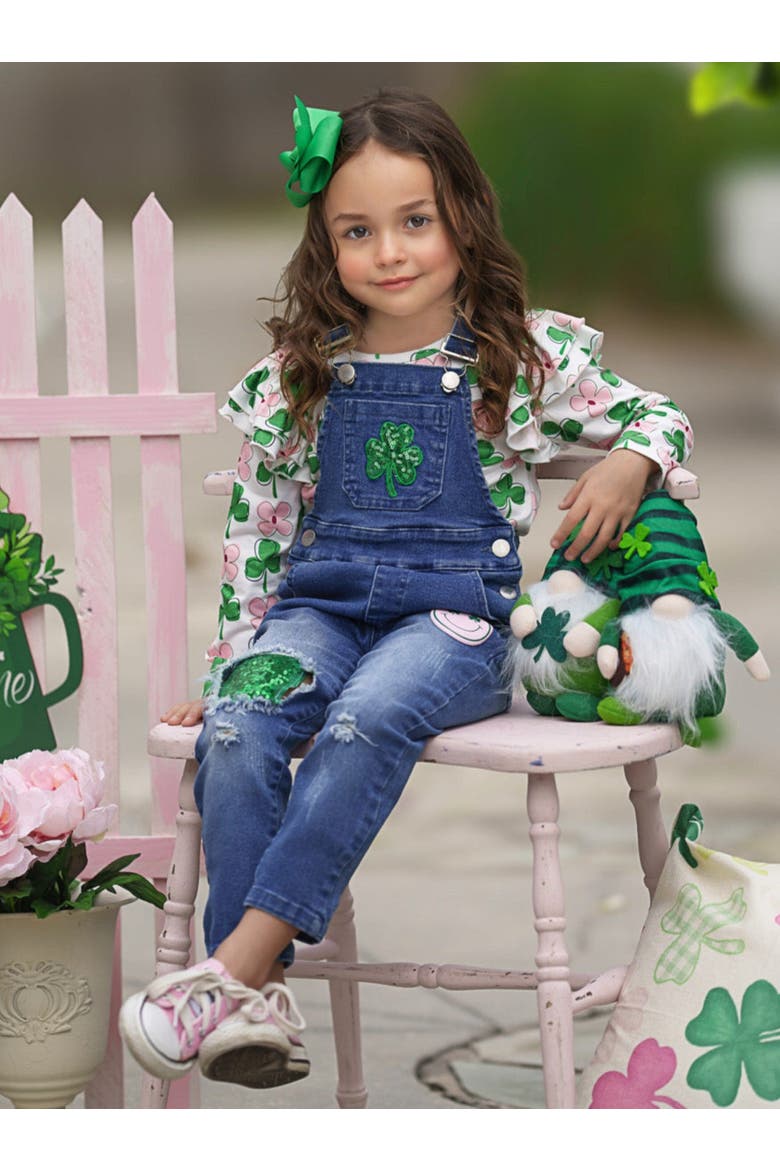 Sparkling In Style Sequin Patched Denim Overall Set, Alternate, color, Denim