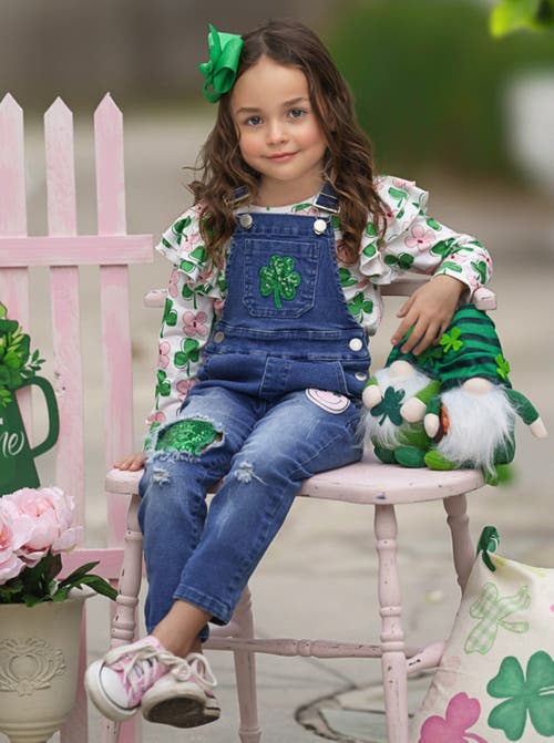 Mia Belle Girls Sparkling In Style Sequin Patched Denim Overall Set In Blue