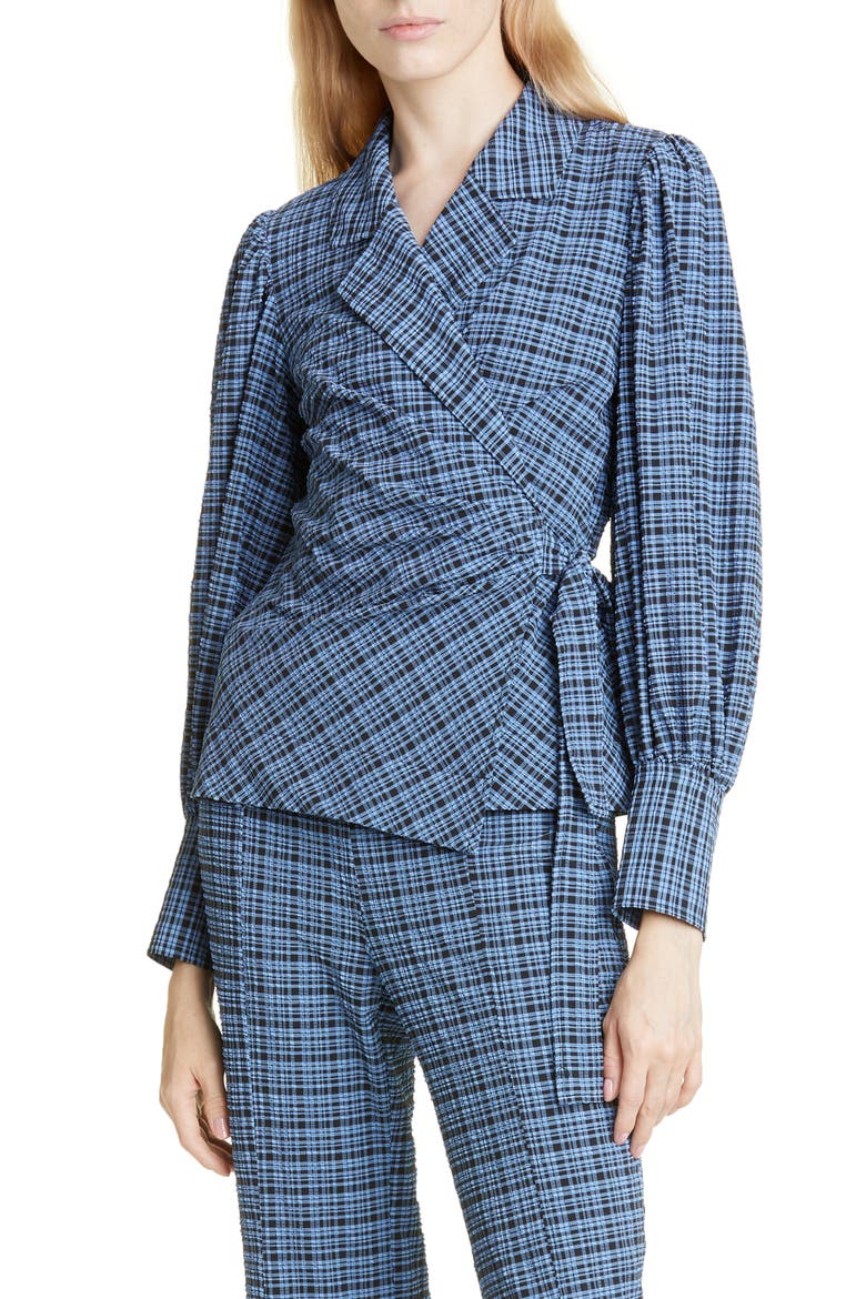 Check Seersucker Wrap Blouse, Main, color, MINI CHECK GRANADA SKY