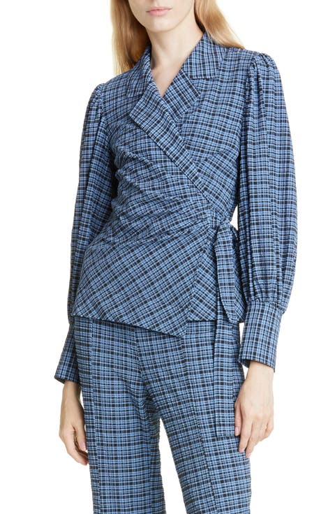 Check Seersucker Wrap Blouse