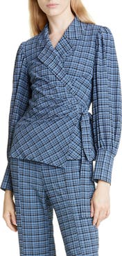 Ganni Check Seersucker Wrap Blouse