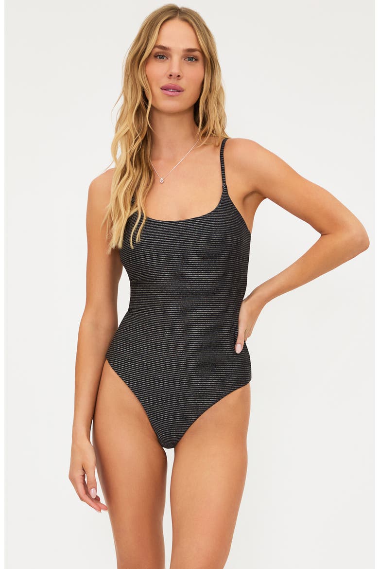Calista Metallic Stripe One-Piece Swimsuit, Alternate, color, MIDNIGHT SHINE