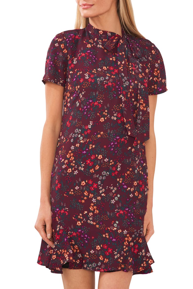Godet Floral Tie Neck Cap Sleeve Shift Dress, Alternate, color, SPICED WINE